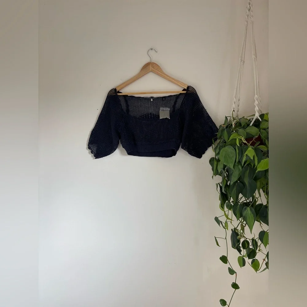 Anthropologie Knitted & Knotted Crochet Tee in Navy